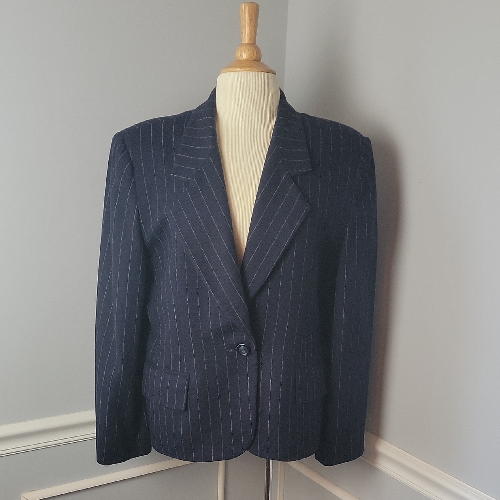 OLEG CASSINI Navy Blue Wool Blend Pin Stripe Single Button 80s Office Blazer 16